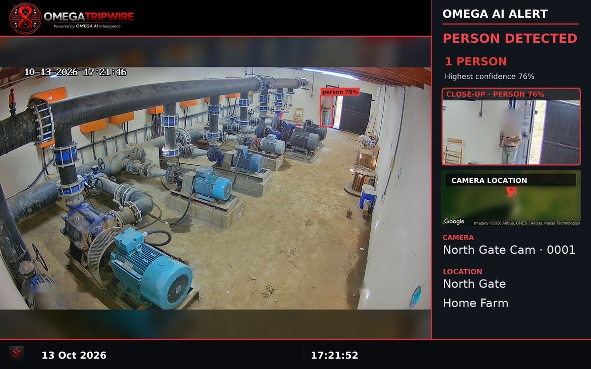 Example alert image: OMEGA TripWire banner, a camera picture with a person outlined in a red box, a close-up of the person, a camera location map, the camera name and the time