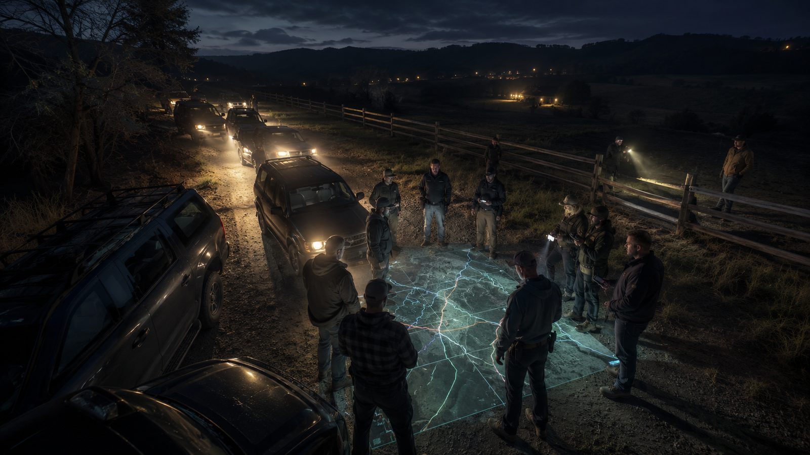 Patrol members gathered at night around a glowing map on the ground beside a farm fence, with vehicles and torches