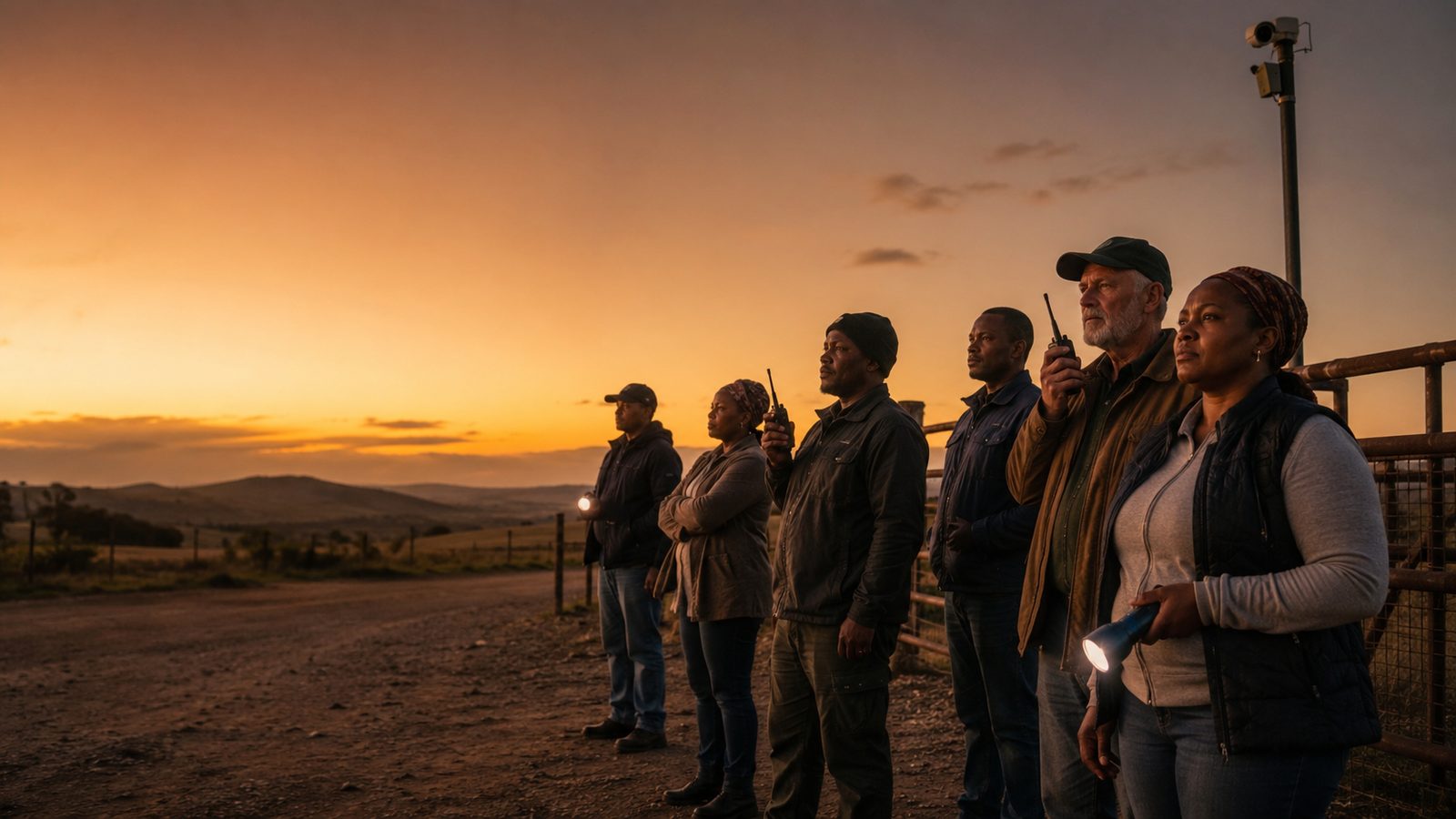 A group of farmers and community patrol members with radios and torches standing at a farm gate at dusk