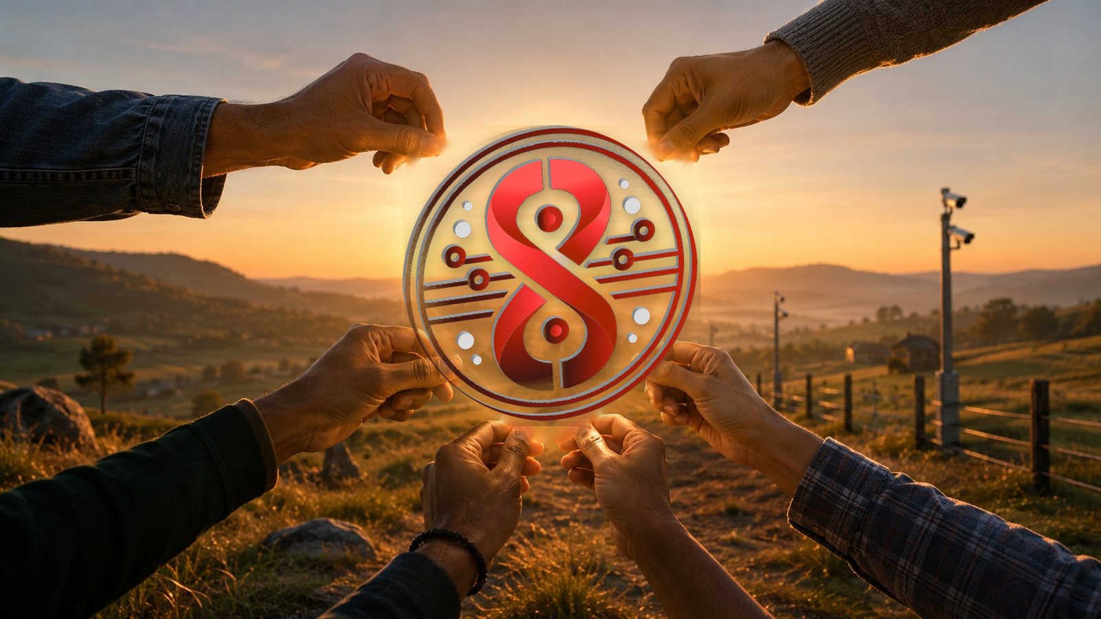 Four pairs of hands holding the OMEGA emblem against a sunrise over farmland with a camera pole and fence